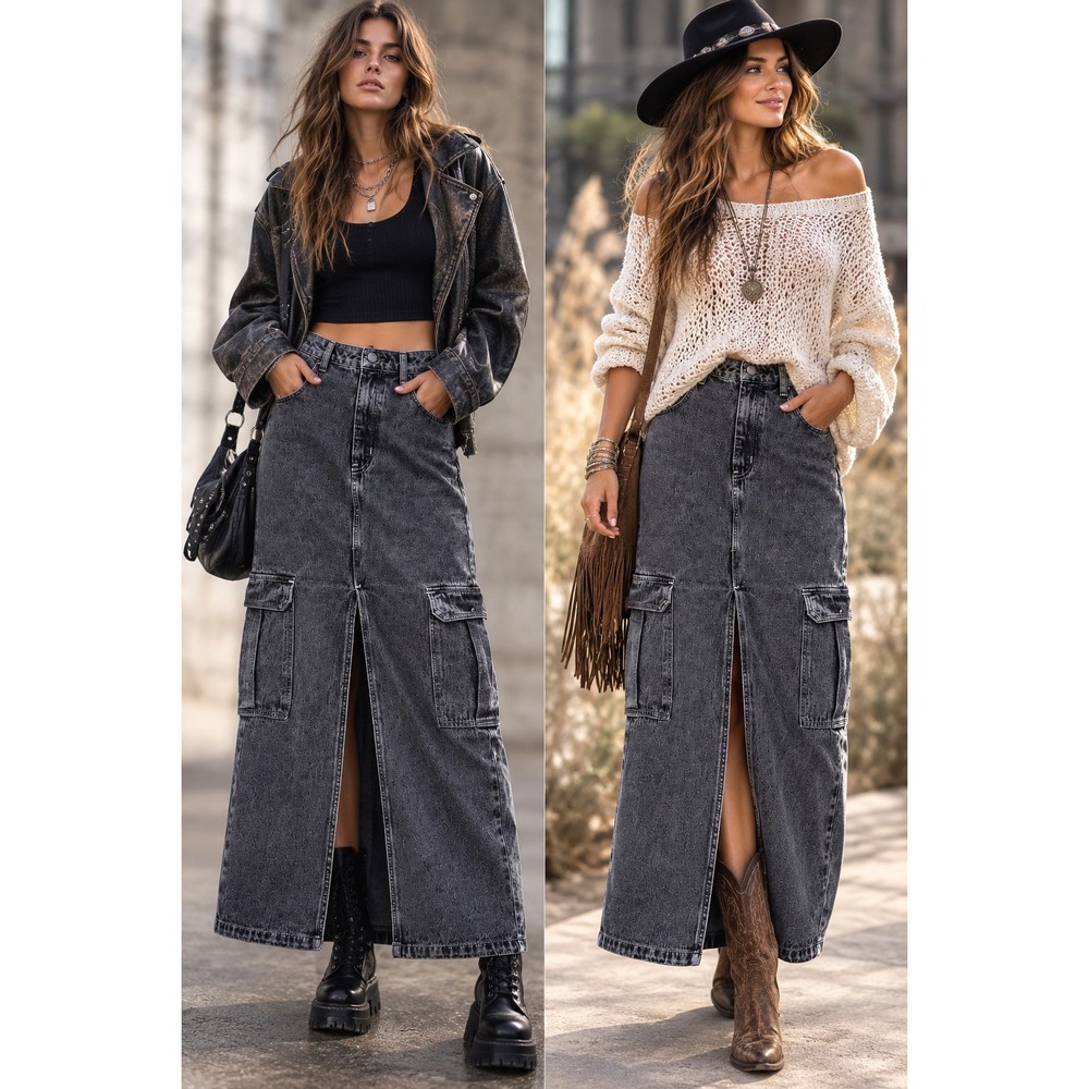 Love Fire Y2K Grunge Denim Cargo Maxi Skirt Festival Edgy Grey Acid Wash Size 5